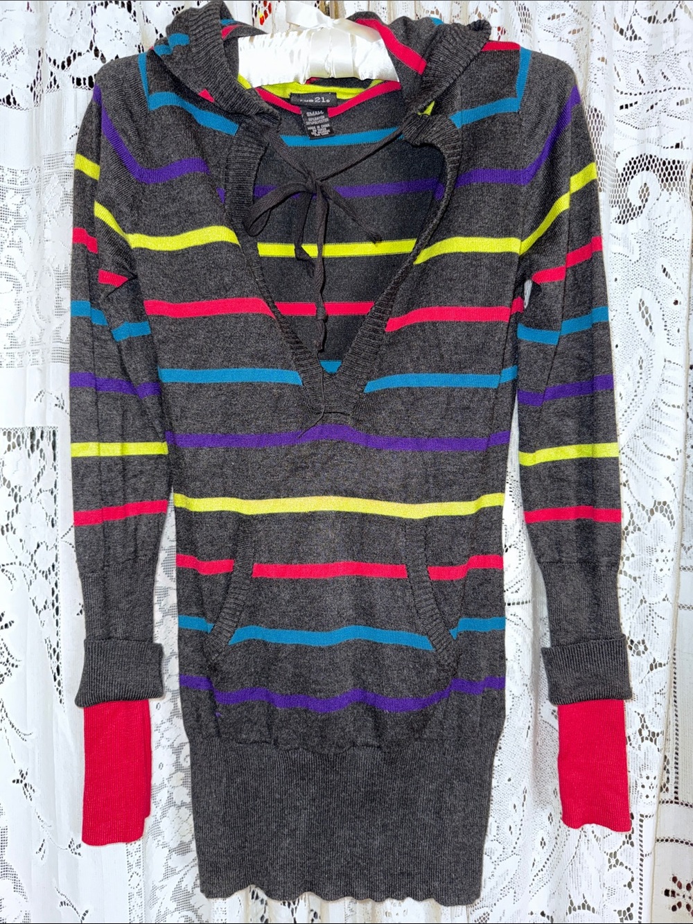 Rue21 Charcoal Gray Striped Cowl Sweater with Bright Accent Cuffs Y2K